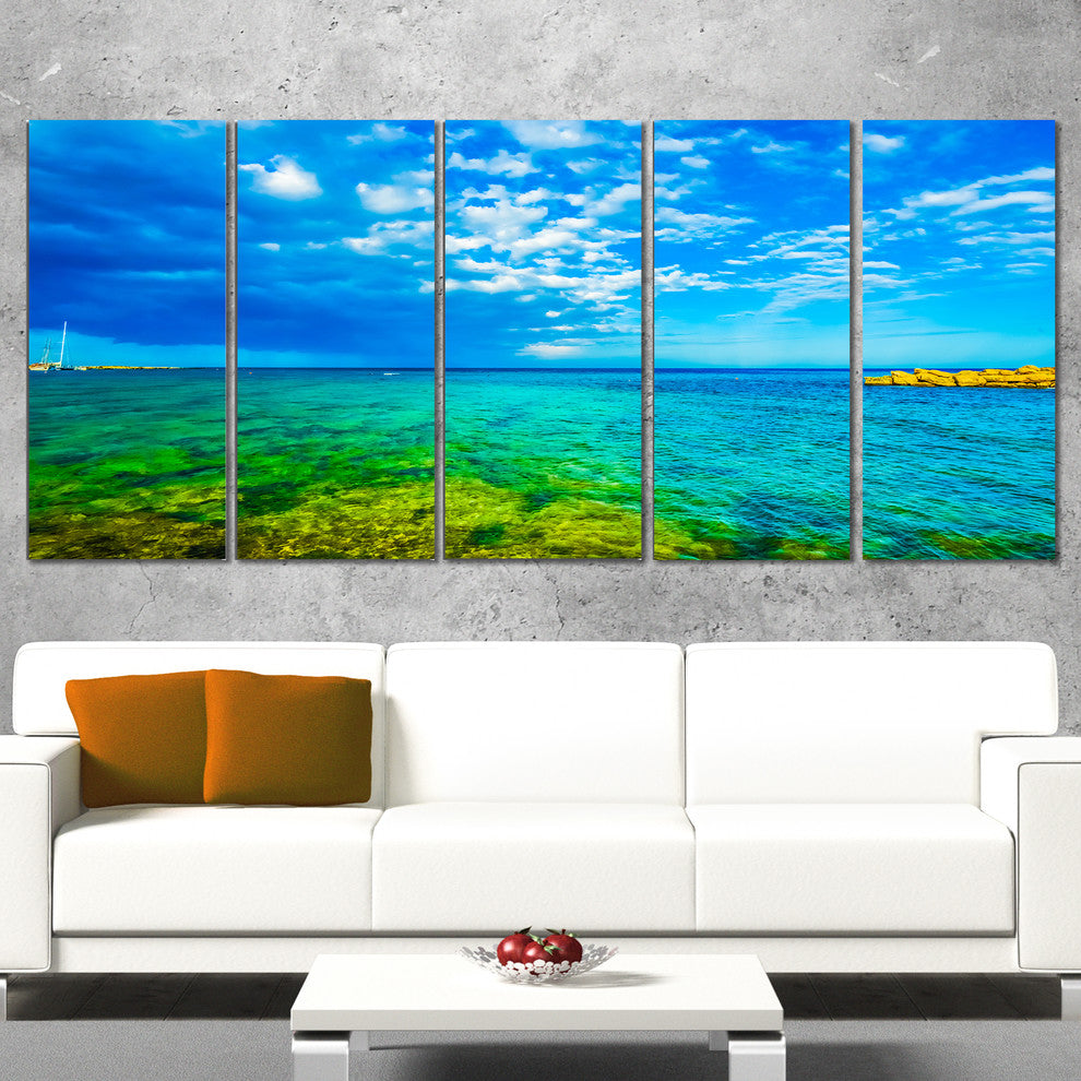 "Picturesque Green Blue Seashore" Modern Seascape Wall Art, 5 Panels, 60"x28"