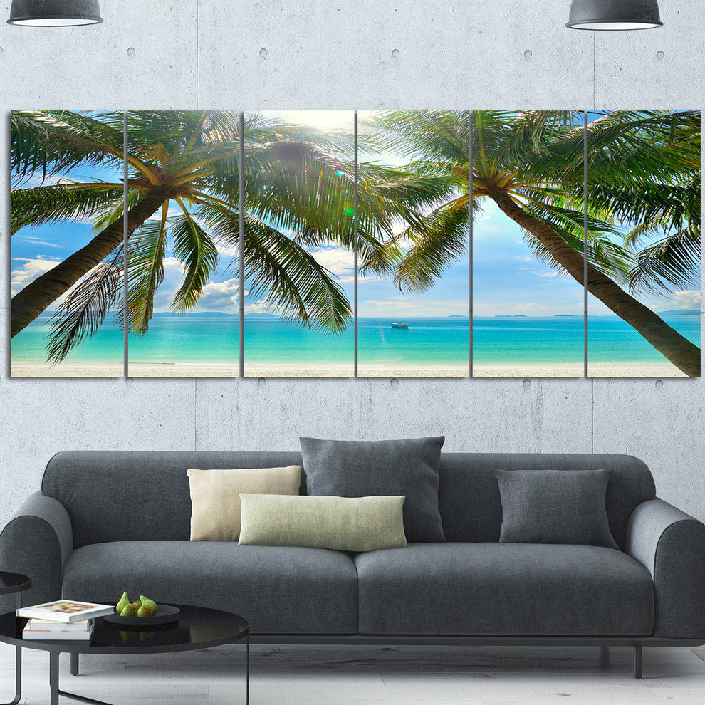 Palm Hanging over Sandy White Beach, Seashore Canvas Print, 70"x28", 6 Panels