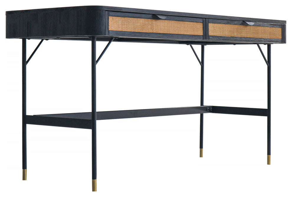 Saratoga 2 Drawer Desk in Black Acacia with Rattan