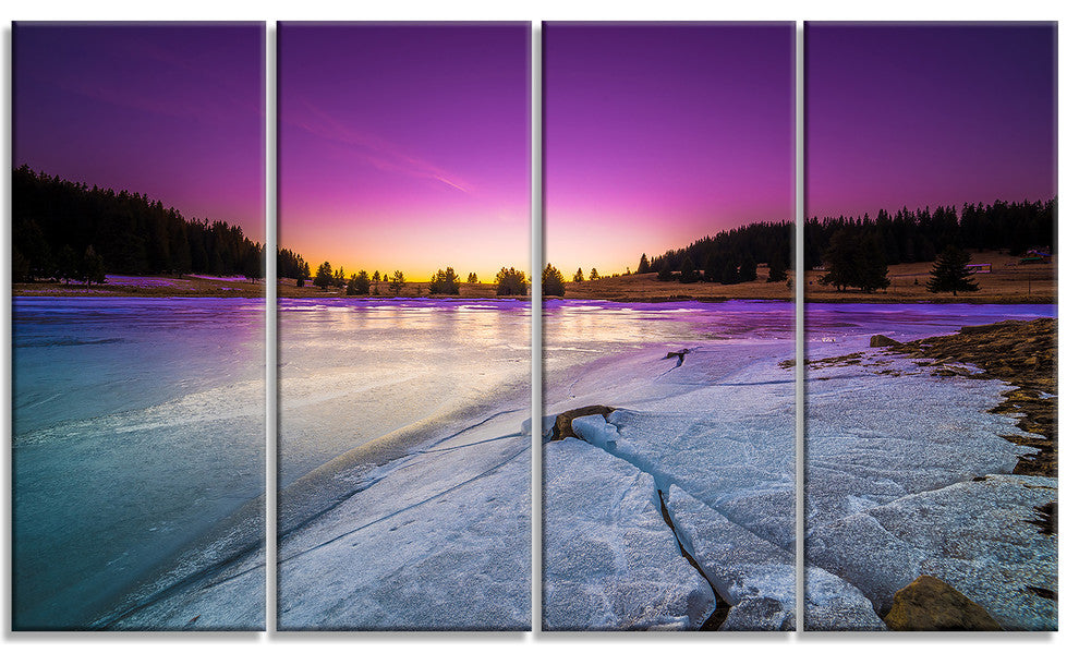 Sunrise over Frozen Lake, Landscape Canvas Art Print, 48"x28", 4 Panels