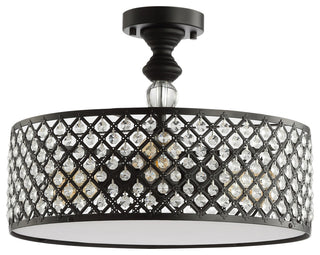 Elise 17" 3-Light Crystal and Metal Drum Semi-Flush Mount, Black