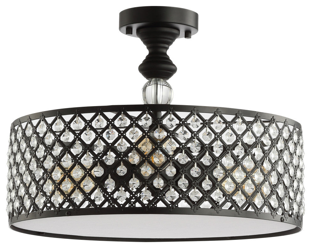 Elise 17" 3-Light Crystal and Metal Drum Semi-Flush Mount, Black