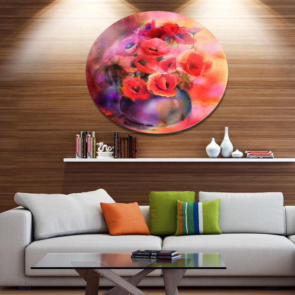 Bouquet Of Cute Poppies In Vase, Floral Round Metal Wall Art, 11"