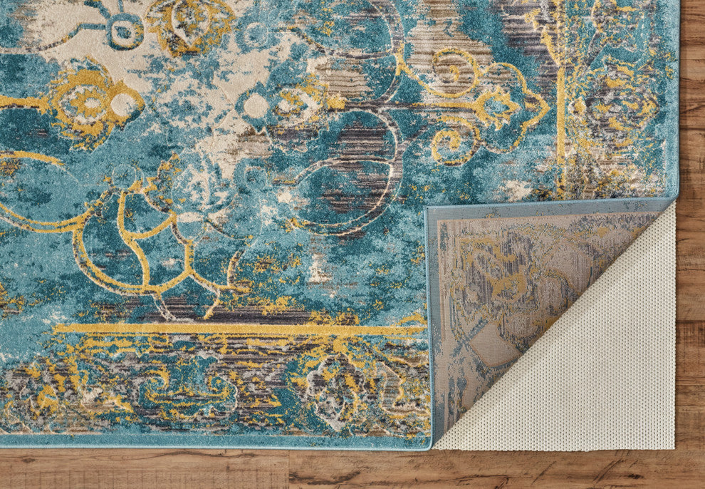 Weave & Wander Arsene Distressed Medallion Rug, Capri Blue/Gold, 2'2"x4'