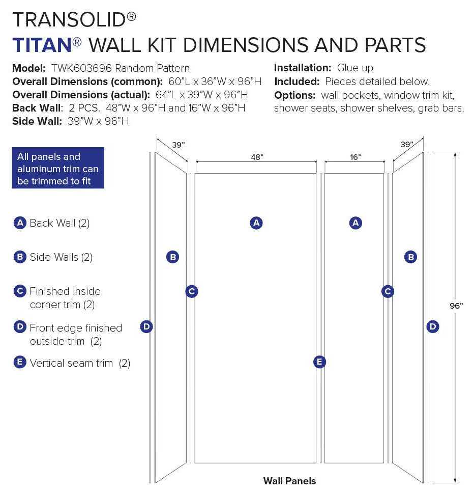Transolid Titan Shower Wall Kit, Caesar Grey (Textured), 60-in X 36-in X 96-in