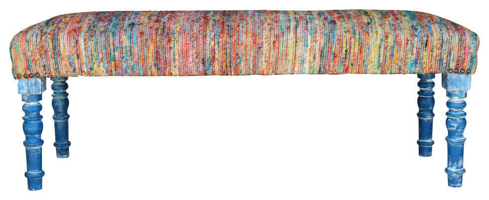 Colorful Chindi Bench with Blue Legs, 47" Length