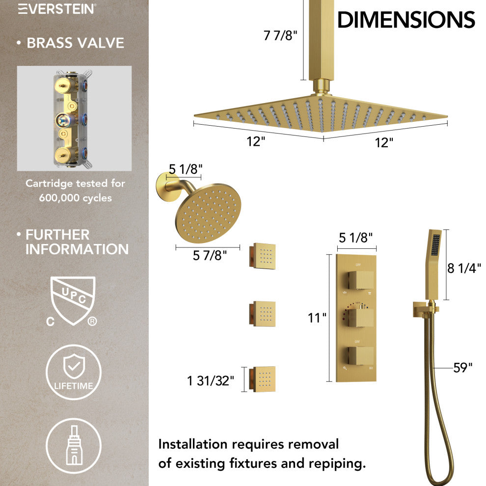 Thermostatic Dual Heads 12" Rainfall Shower System With 3 Body Jets, Brushed Gold