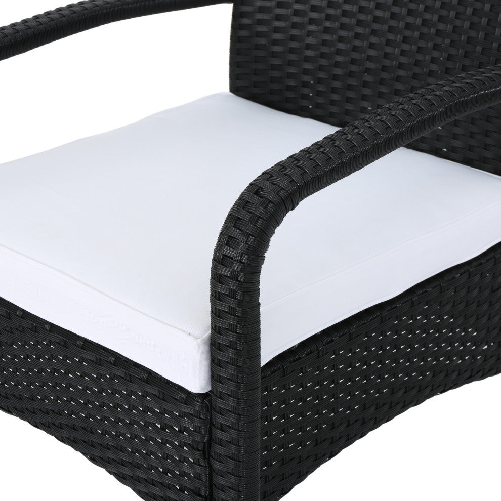 GDF Studio 4-Piece Clayton Outdoor Black Wicker Chat Set With White Cushion