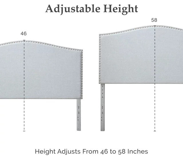 Curved Upholstered Headboard with Linen Upholstery and Silver Nailhead Trim, Light Gray, King