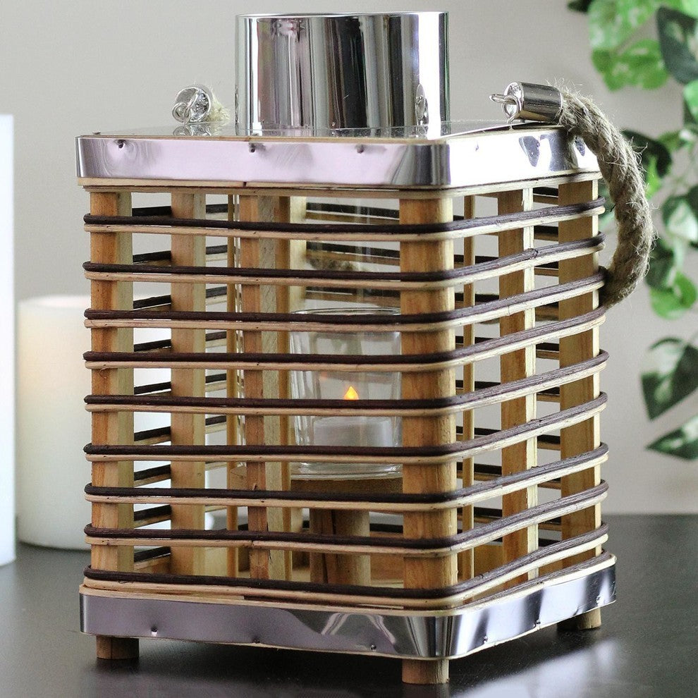 11.25" Rustic Chic Rectangular Rattan Candle Holder Lantern With Jute Handle