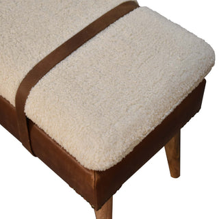 Solid Wood Boucle Buffalo Hide Leather Bench, Cream & Brown