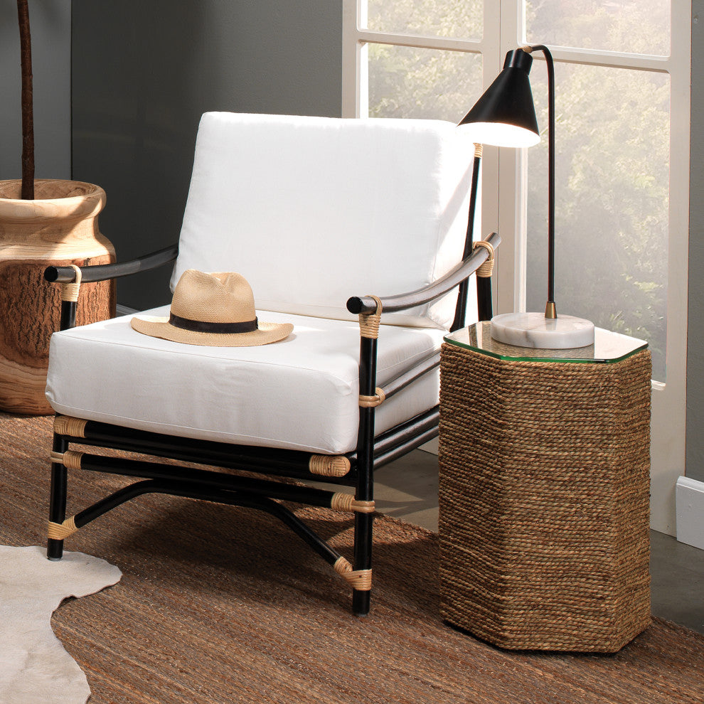 Oversize Black Rattan Lounge Chair Thick Cream Cushion Exposed Frame Modern