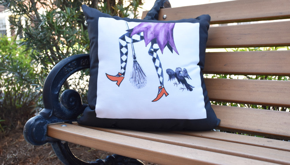 Fly Away Witch Cream Halloween Print Decorative Throw Pillow, 18"