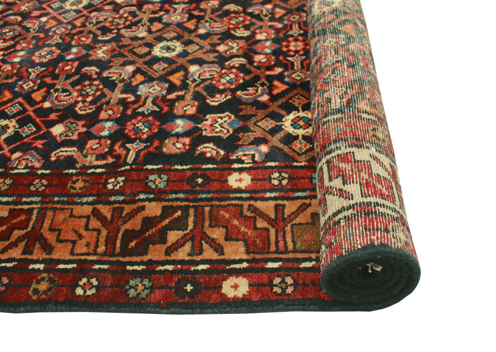 Fine Vintage Distressed Majeed Navy/Red Runner, 3'7 x 9'4