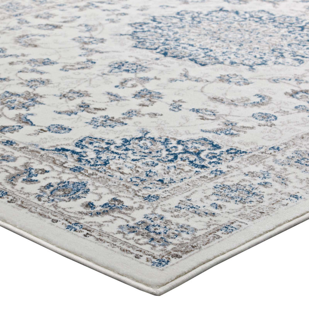 Ivory and Moroccan Blue Lilja Distressed Vintage Persian Medallion 5x8 Area Rug