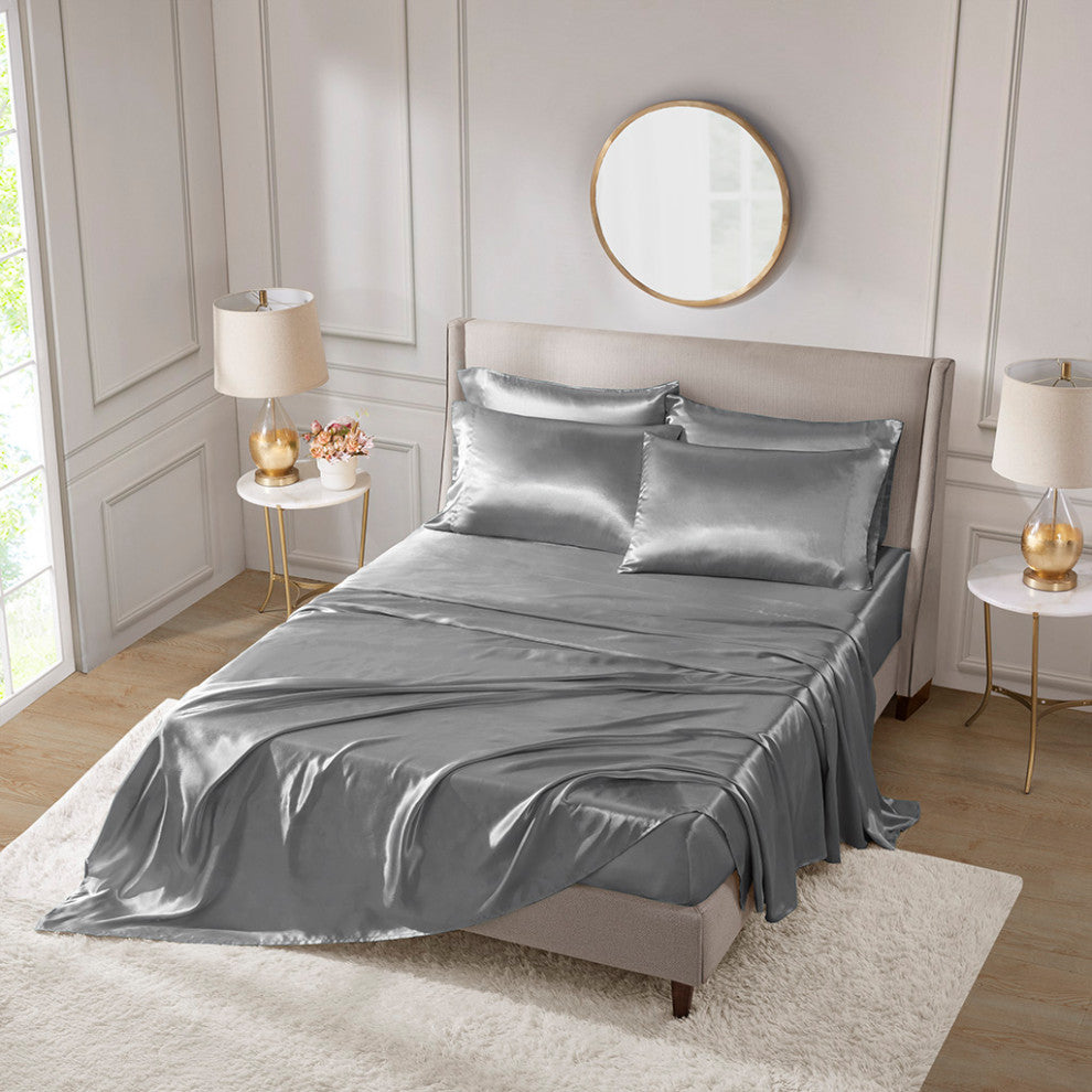 Madison Park Essentials Satin Luxury 6 PC Sheet Set, Grey