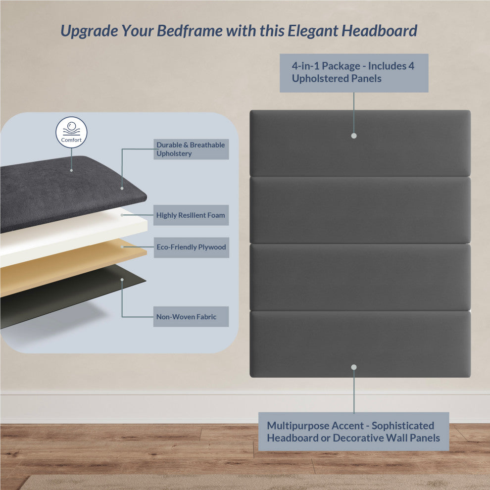 38"x 11.5" Upholstered Wall Mounted Headboard Panels, 12 PCs, Grey