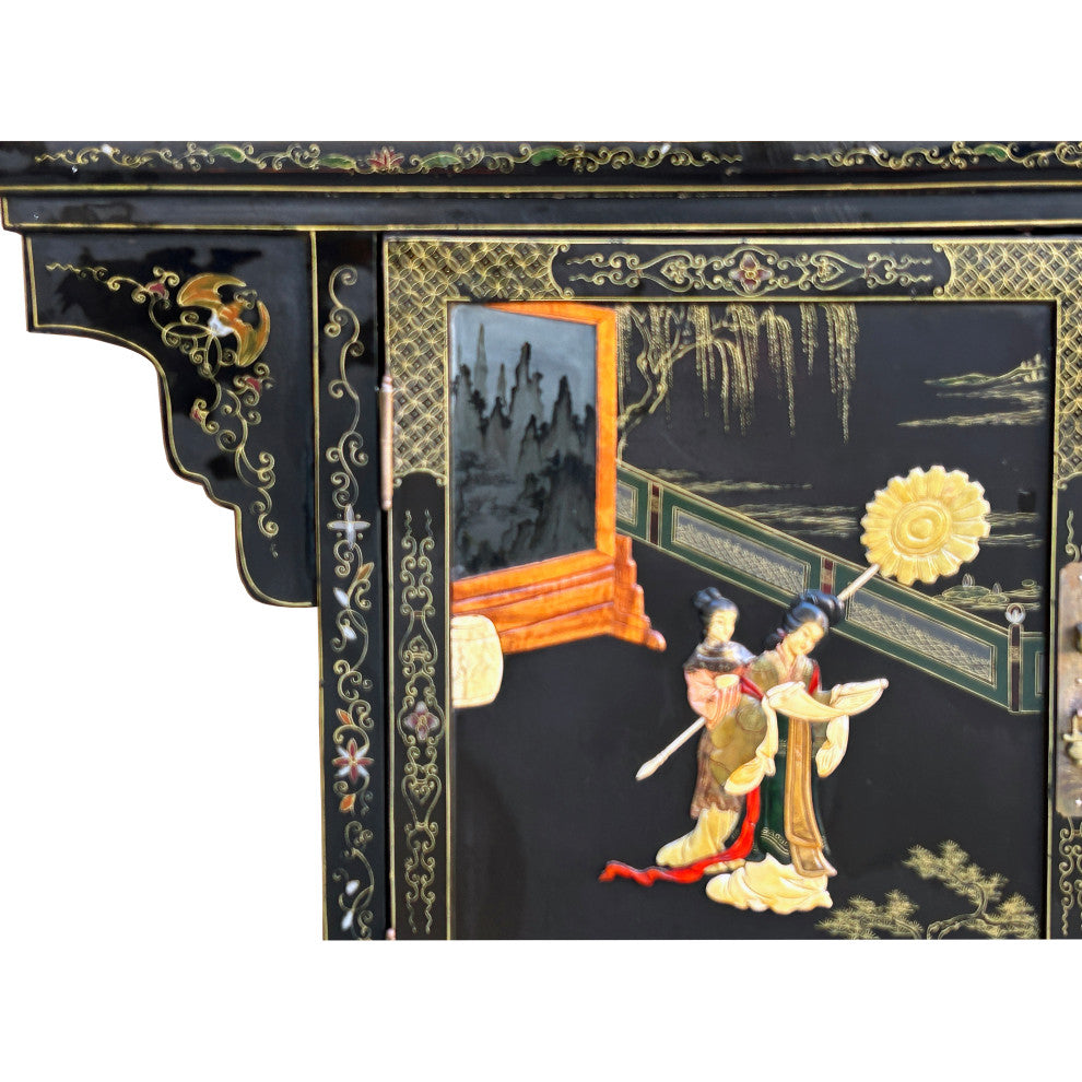 Vintage Chinoiseries Black Stone Inlay Graphic Credenza Storage Cabinet Hws4256