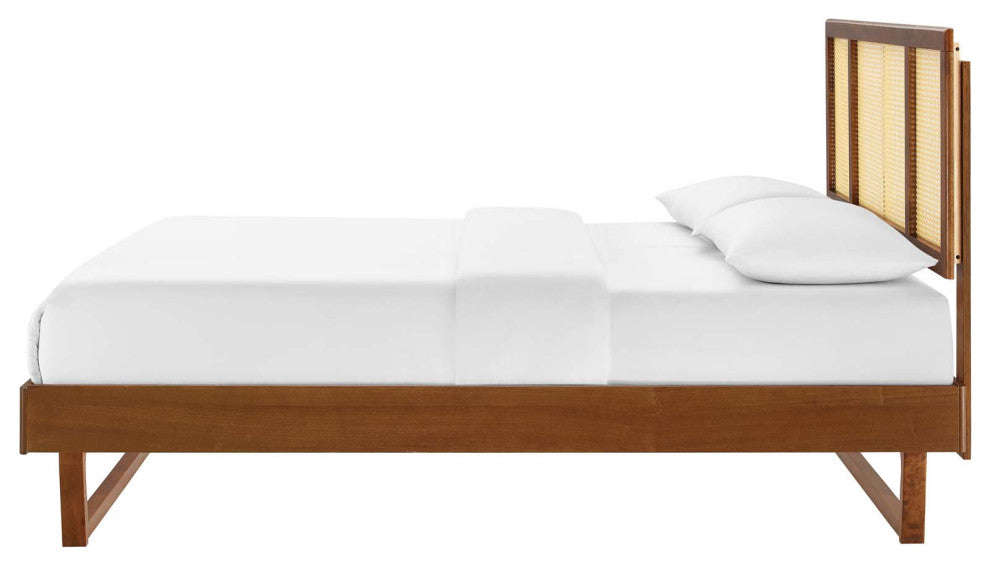 Platform Bed Frame, Full Size, Wood, Brown Walnut, Modern Mid-Century, Bedroom