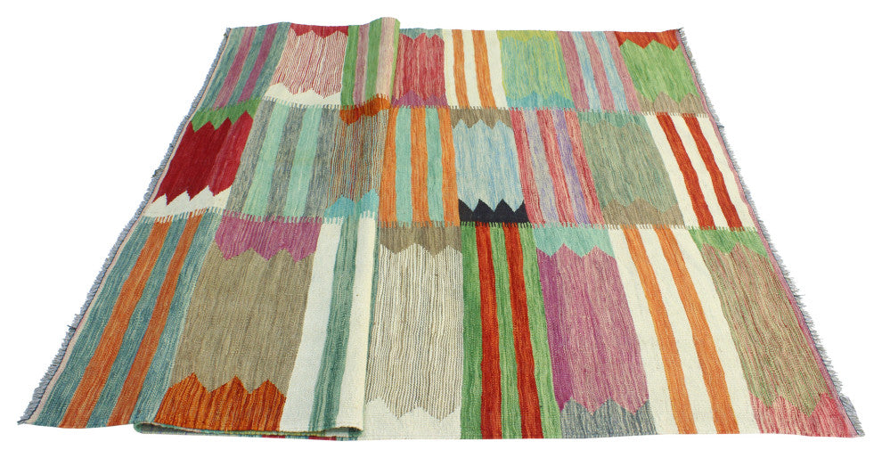 Modern Flatweave Aldrin Ivory/Green Rug, 5'7x8'2