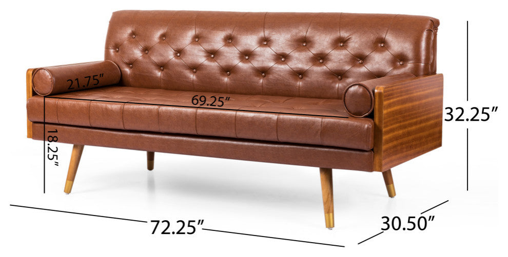 Neil Tufted Sofa With Rolled Accent Pillows, Cognac Brown, Dark Walnut, Gold