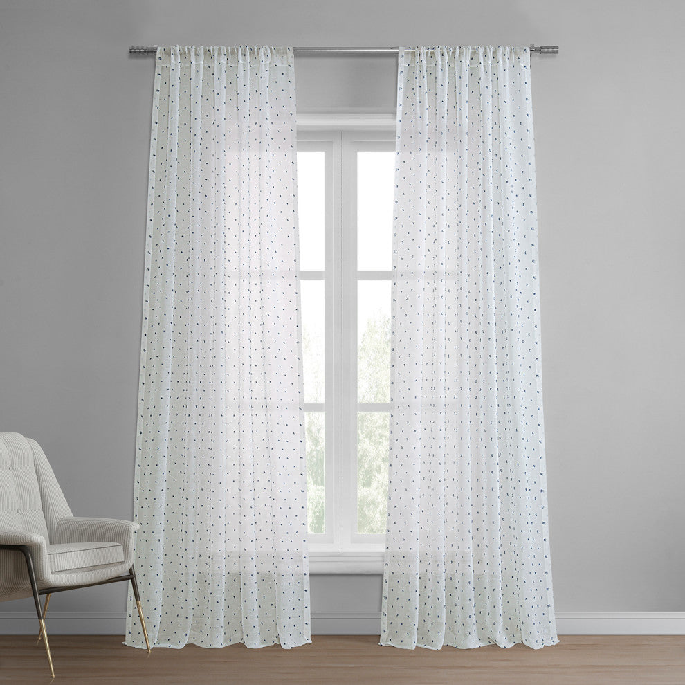 Altair Blue Patterned Linen Sheer Curtain Single Panel, 50"x108"