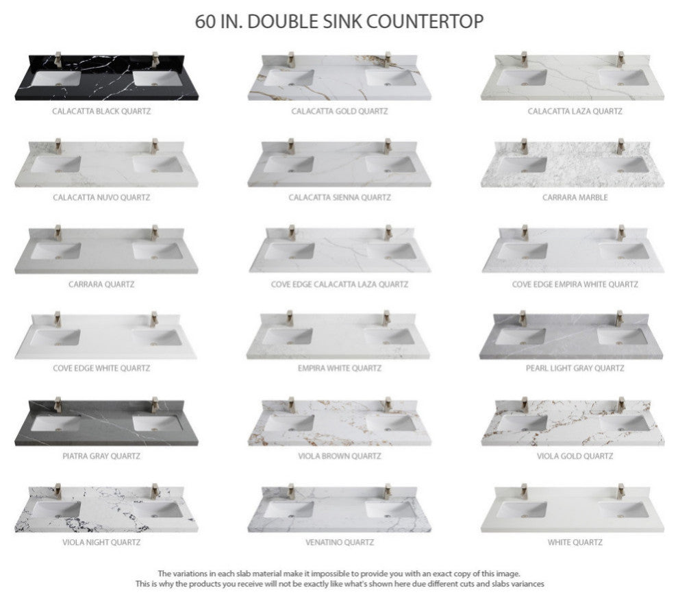 Nashville 60" Double Bathroom Vanity, White 2" Empira Quartz