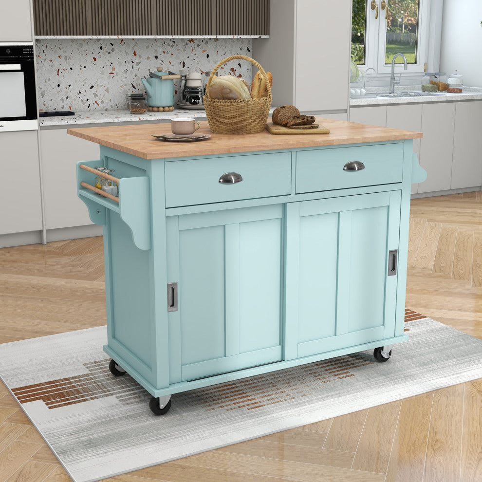 TATEUS Cambridge Solid Wood Top Kitchen Island, Blue