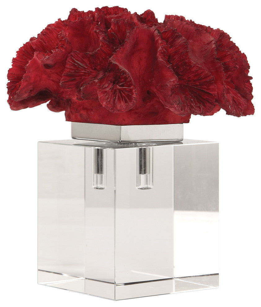 Luxe Modern Red Coral Crystal Cube Sculpture, Coastal Sea Shell Finial Statue