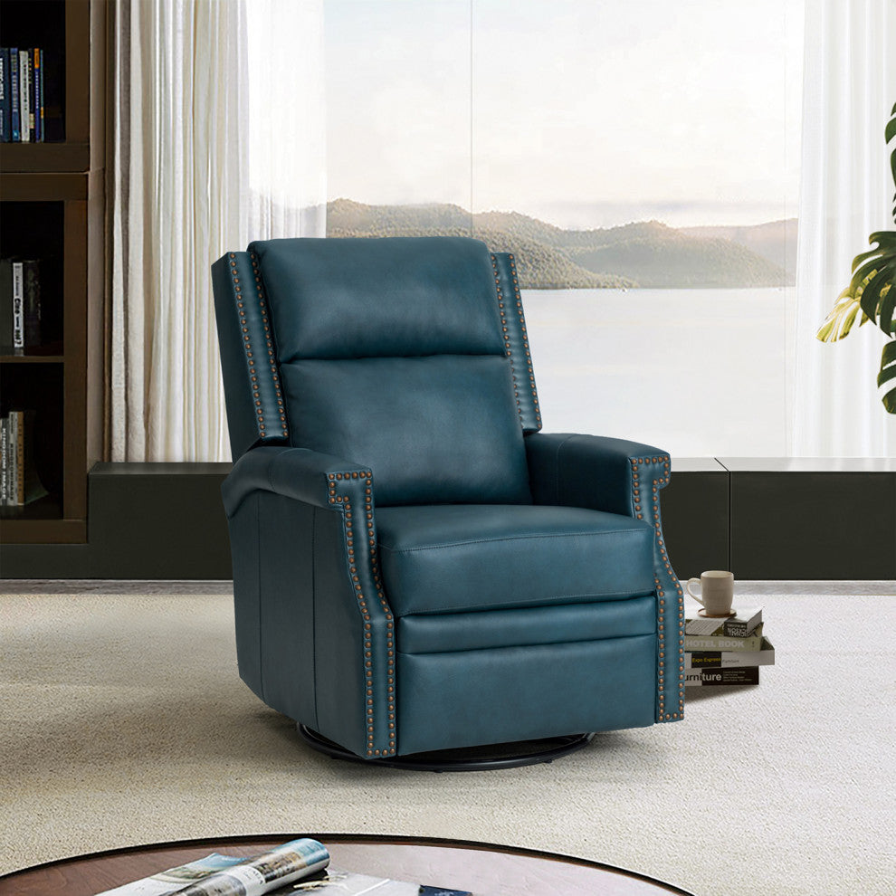 Genuine Leather Swivel Rocker Recliner, Turquoise