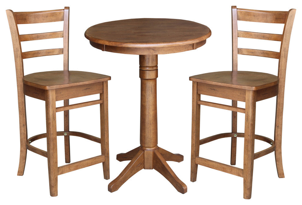 30" Round Pedestal Gathering Height Table with Emily Counter Height Stools, Distressed Oak