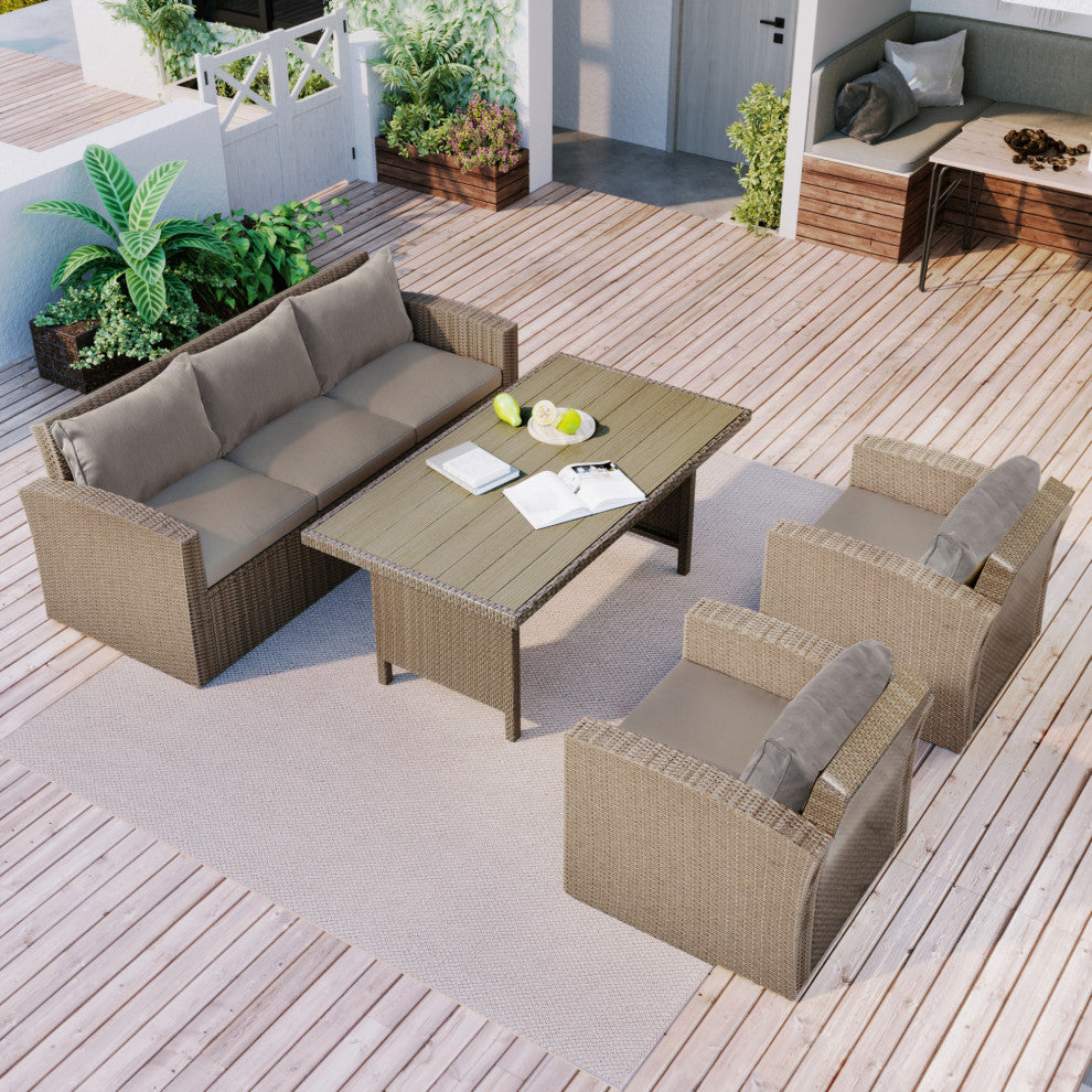 4 Pieces Outdoor Rattan Patio Sectional Sofa Set With Cushions, Gray