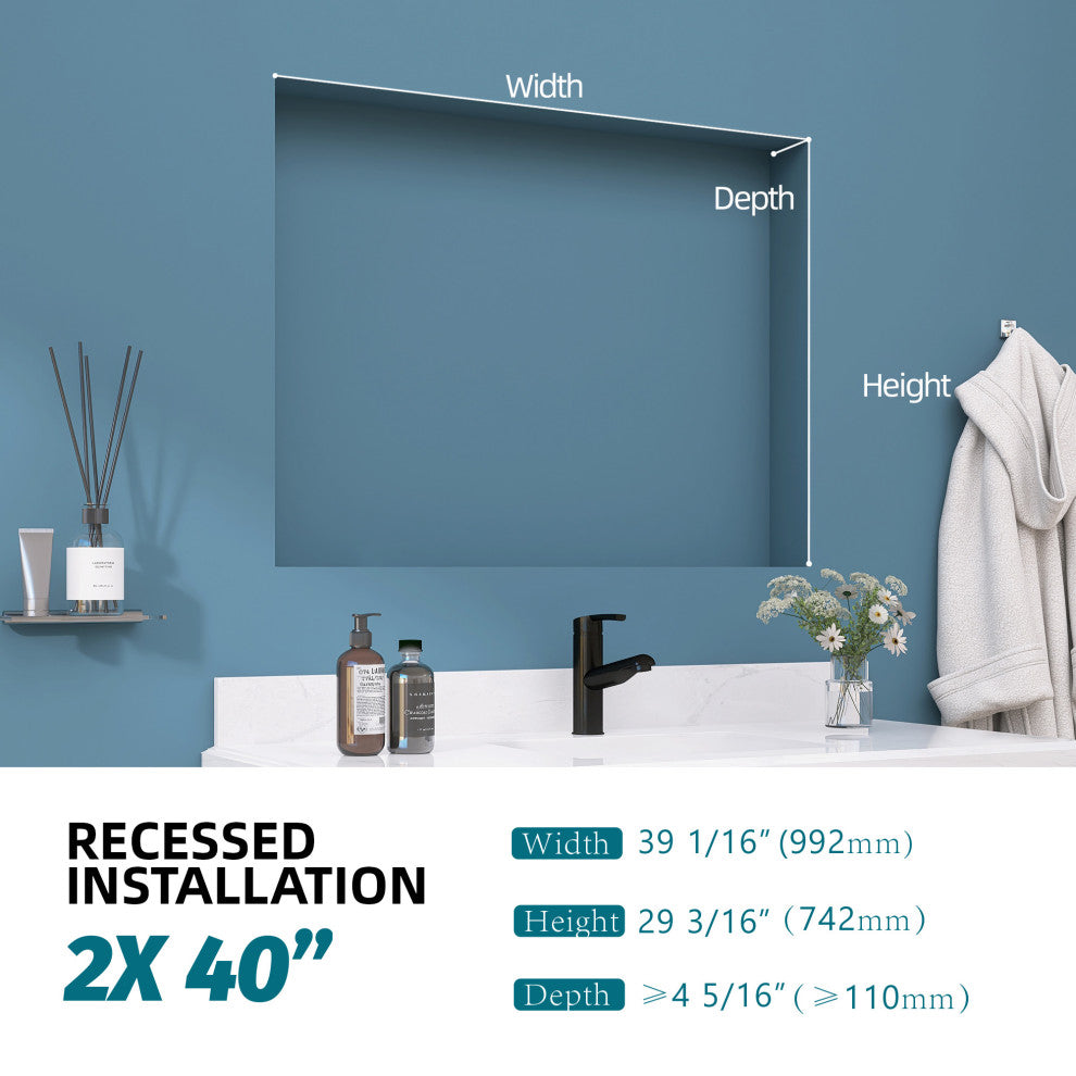 40'' W 30'' H Recessed Frameless Medicine Cabinet Mirror 6 Adjustable
