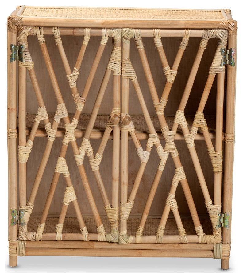 Modern Bohemian Natural Brown Rattan 2-Door Storage Cabinet