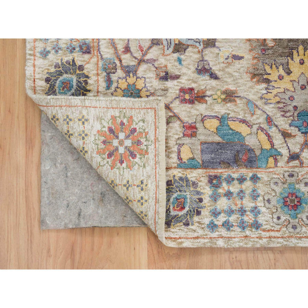 Ivory Hand Knotted Tabriz Vase With Flower Design Silk With Wool Rug 8'3"x10'3"