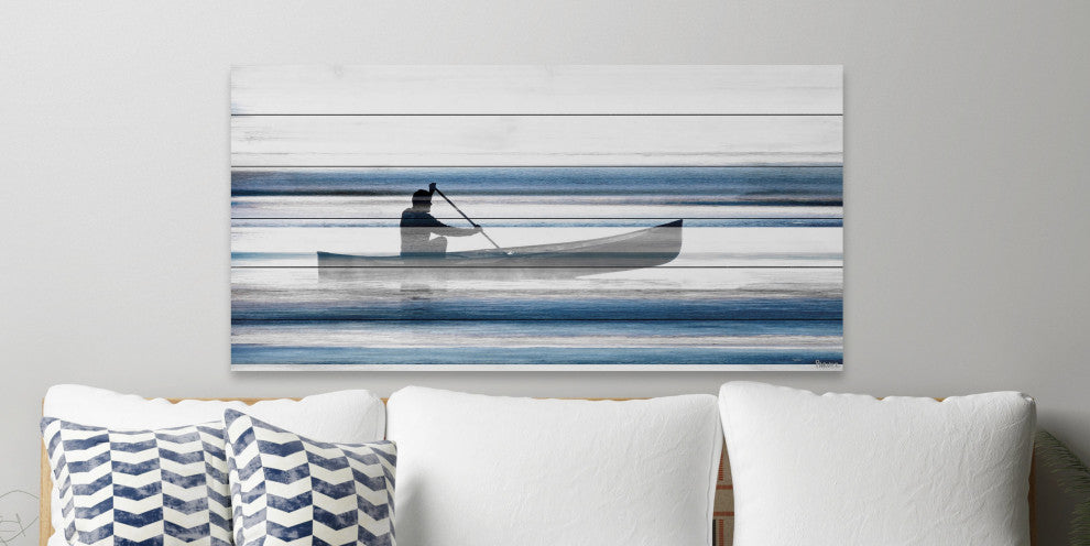 "Blue Lake Canoe II" Painting Print on White Wood, 36"x18"