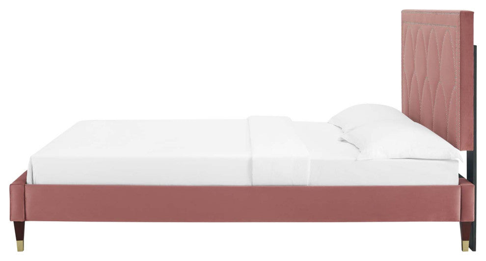 Platform Bed Frame, Nailhead, Queen Size, Pink, Velvet, Modern, Guest Suite