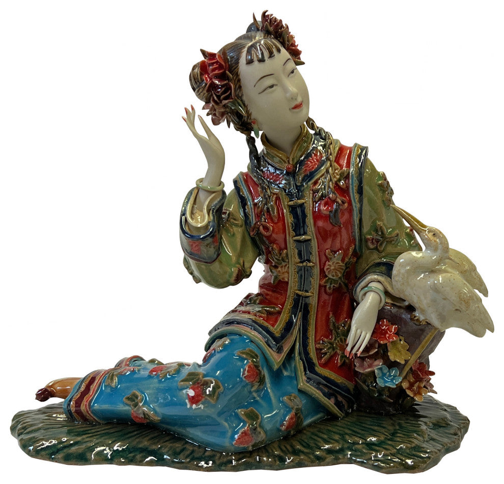 Chinese Oriental Porcelain Qing Style Dressing Cranes Bird Lady Figure Hws3087