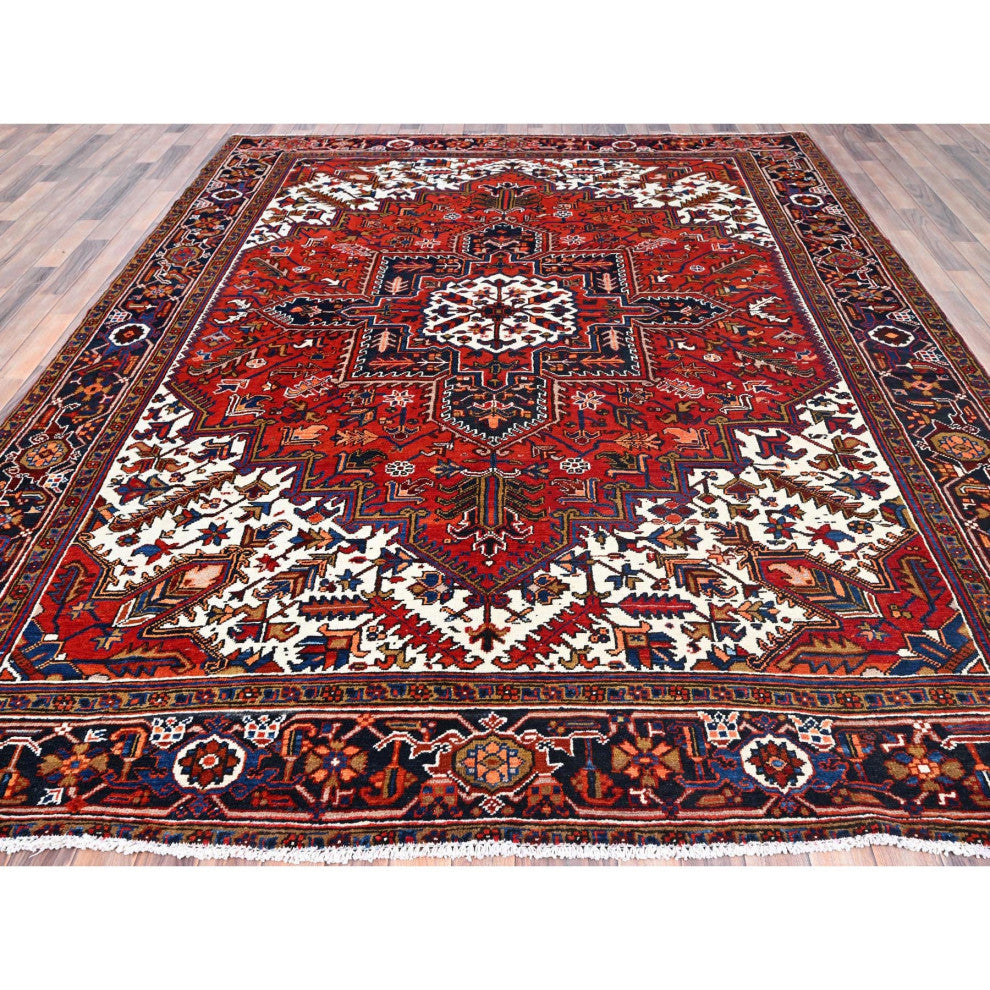 Tomato Red Pure Wool Hand Knotted Semi Antique Persian Heriz Rug 8'5"x10'9"