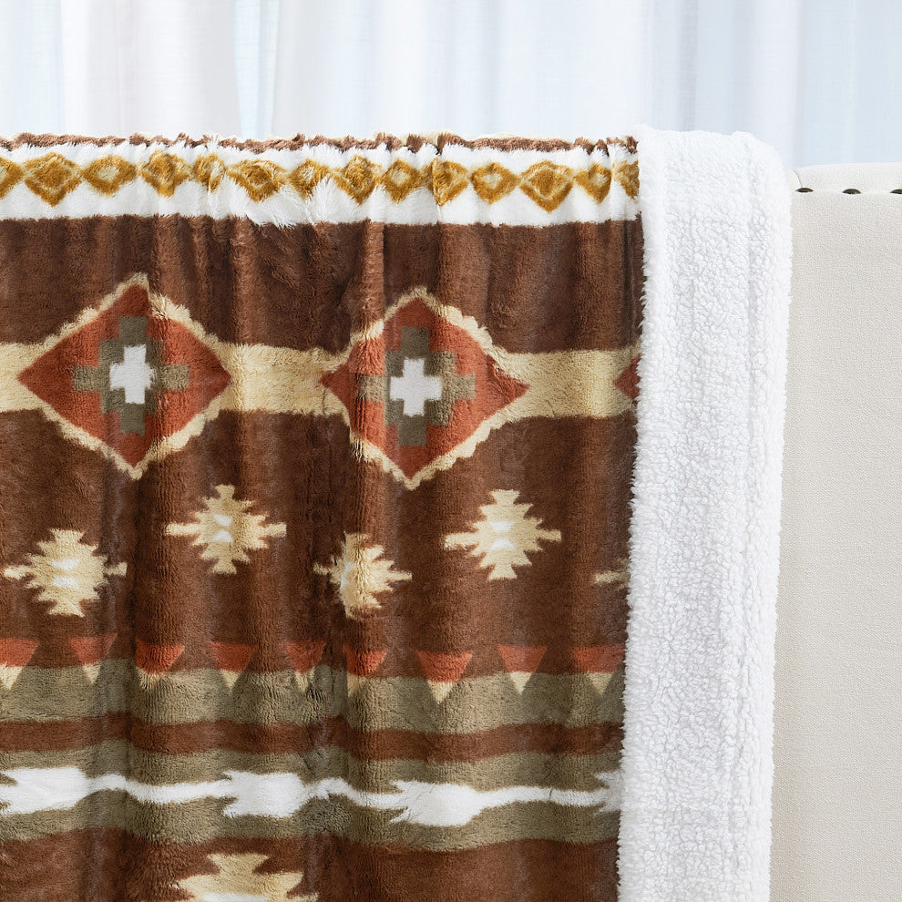 Southwest Faux Fur & Sherpa Backing Throw Blanket, Coffee, 50" X 60"