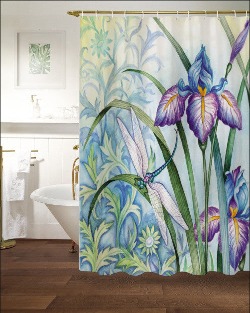 Iris Beauty Floral Shower Curtain, 72" x 72", Blue Dragonflies