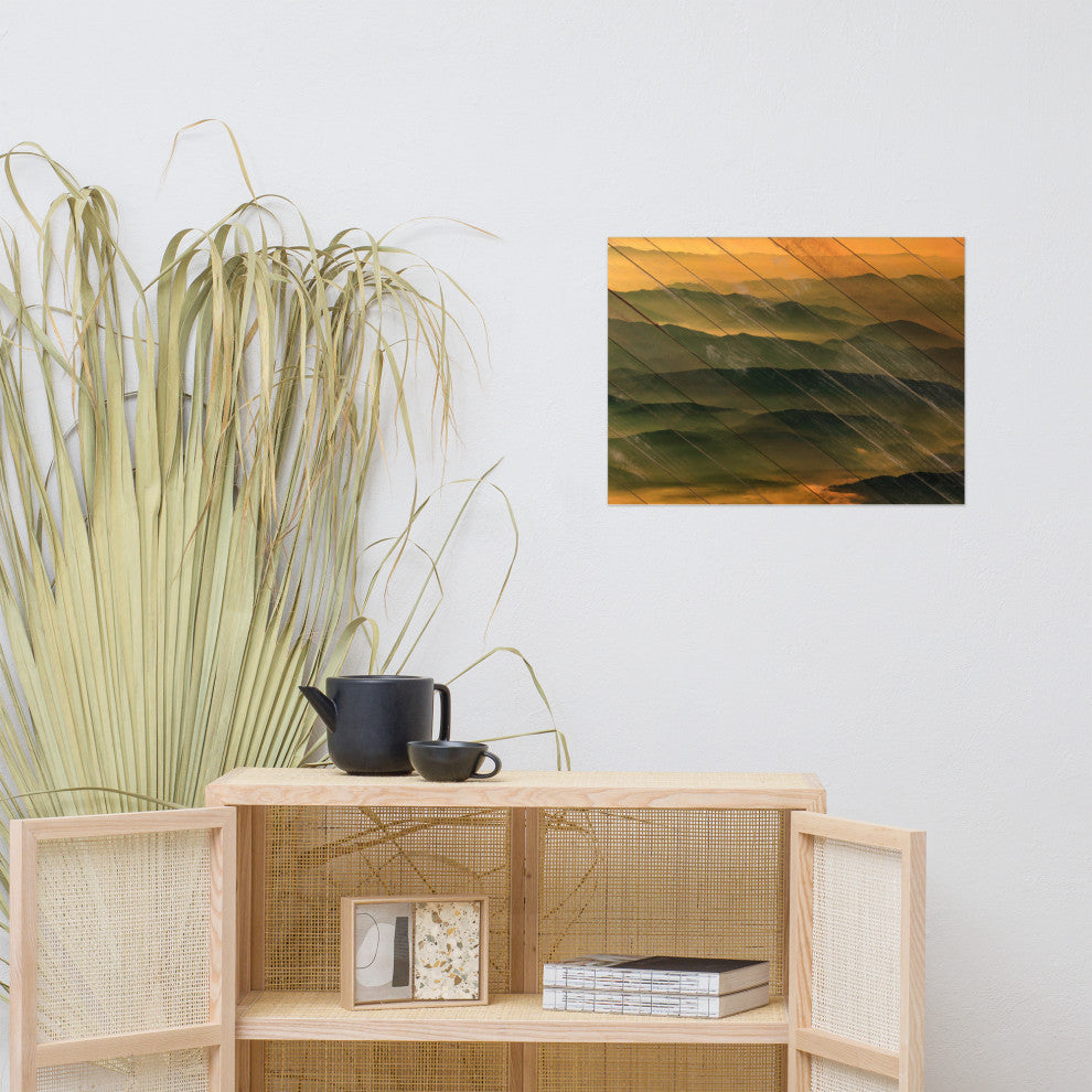 Faux Wood Foggy Mountain Layers at Sunset Landscape Unframed Wall Art Prints, 18" X 24"