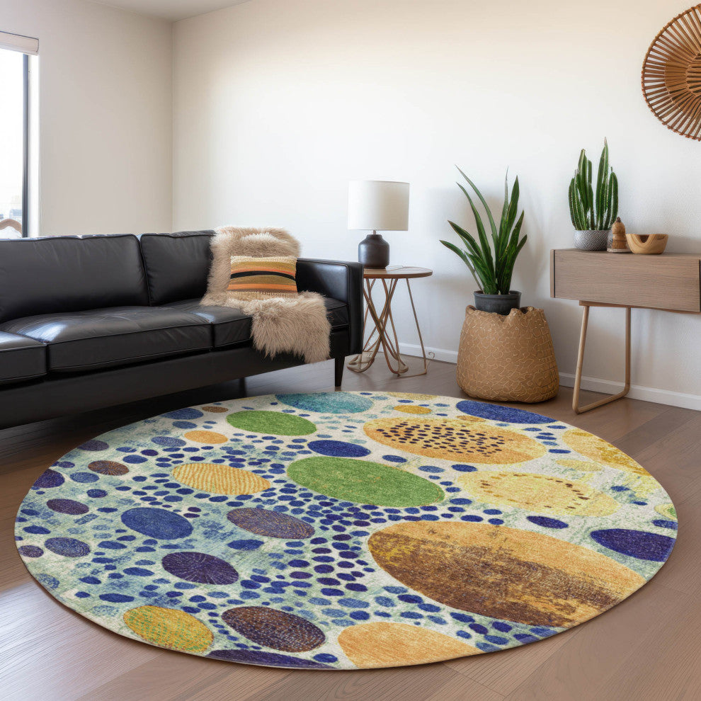 Machine Washable Indoor/Outdoor Chantille ACN1895 Navy 8' x 8' Round Rug