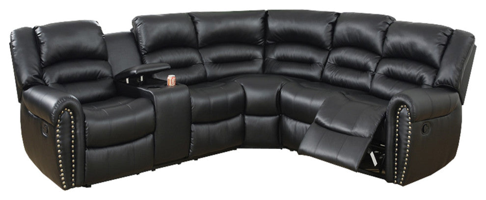 Benzara BM166729 Leather Upholstered Reclining Sectional With Console, Black