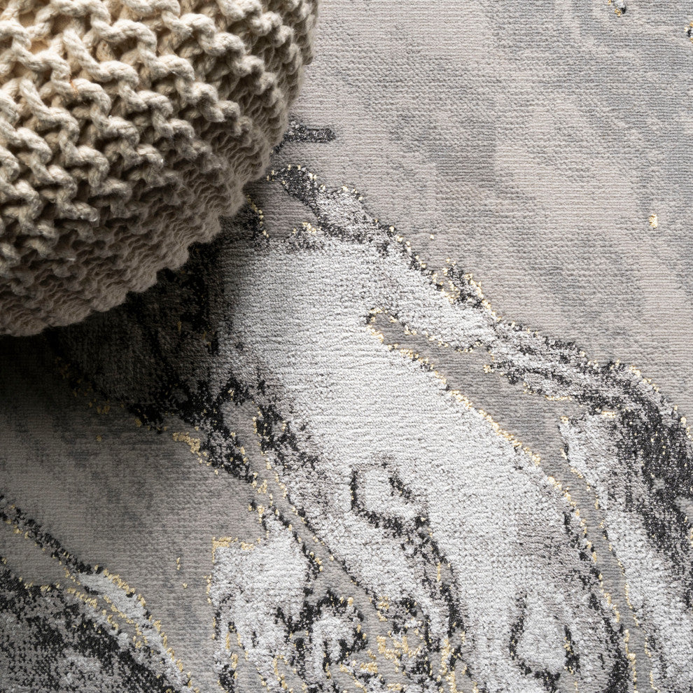Swirl Marbled Abstract Area Rug, Gray/Black, 8 X 10