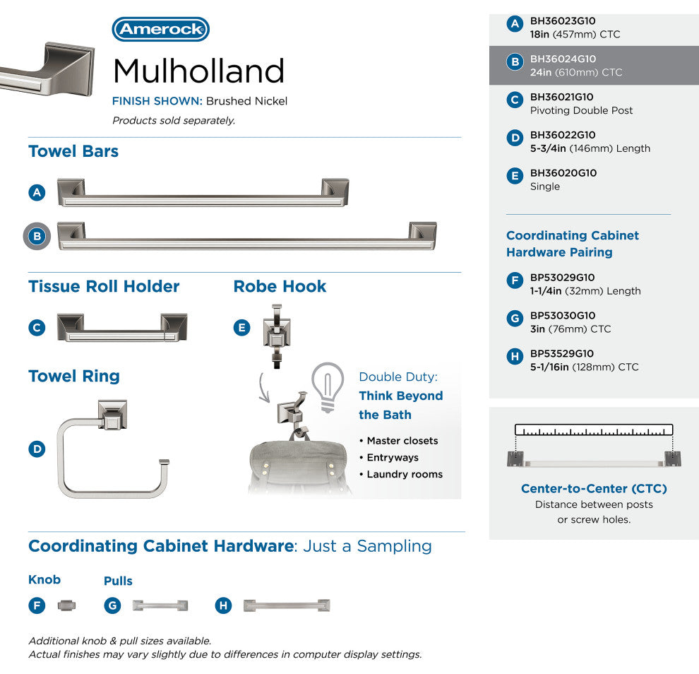 Amerock Mulholland Traditional Towel Bar, Brushed Nickel, 24" Center-to-Center