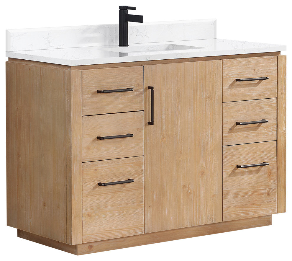 San Bath Vanity with Stone Top, Fir Wood Brown, 48", Single Vanity, No Mirror