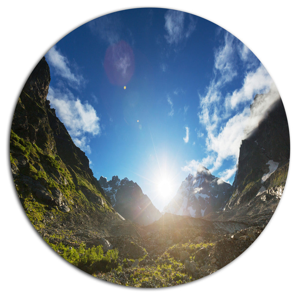 Caucasus Hills Under Bright Sunset, Landscape Disc Metal Artwork, 23"