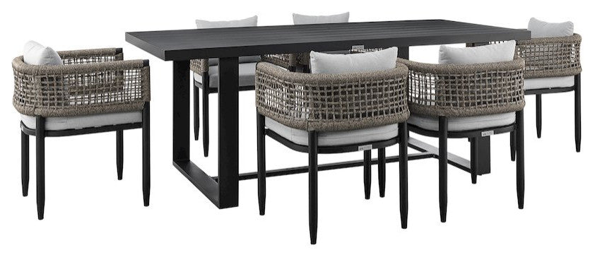 Outdoor Patio 7-Piece Dining Table Set in Aluminum with Gray Rope and Cushions