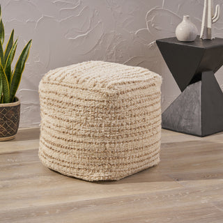 Leila Boho Wool and Cotton Ottoman Pouf, Ivory, Beige